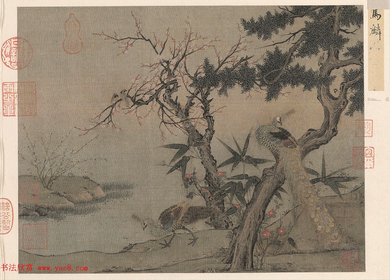 清初耿昭忠书法题红梅孔雀图