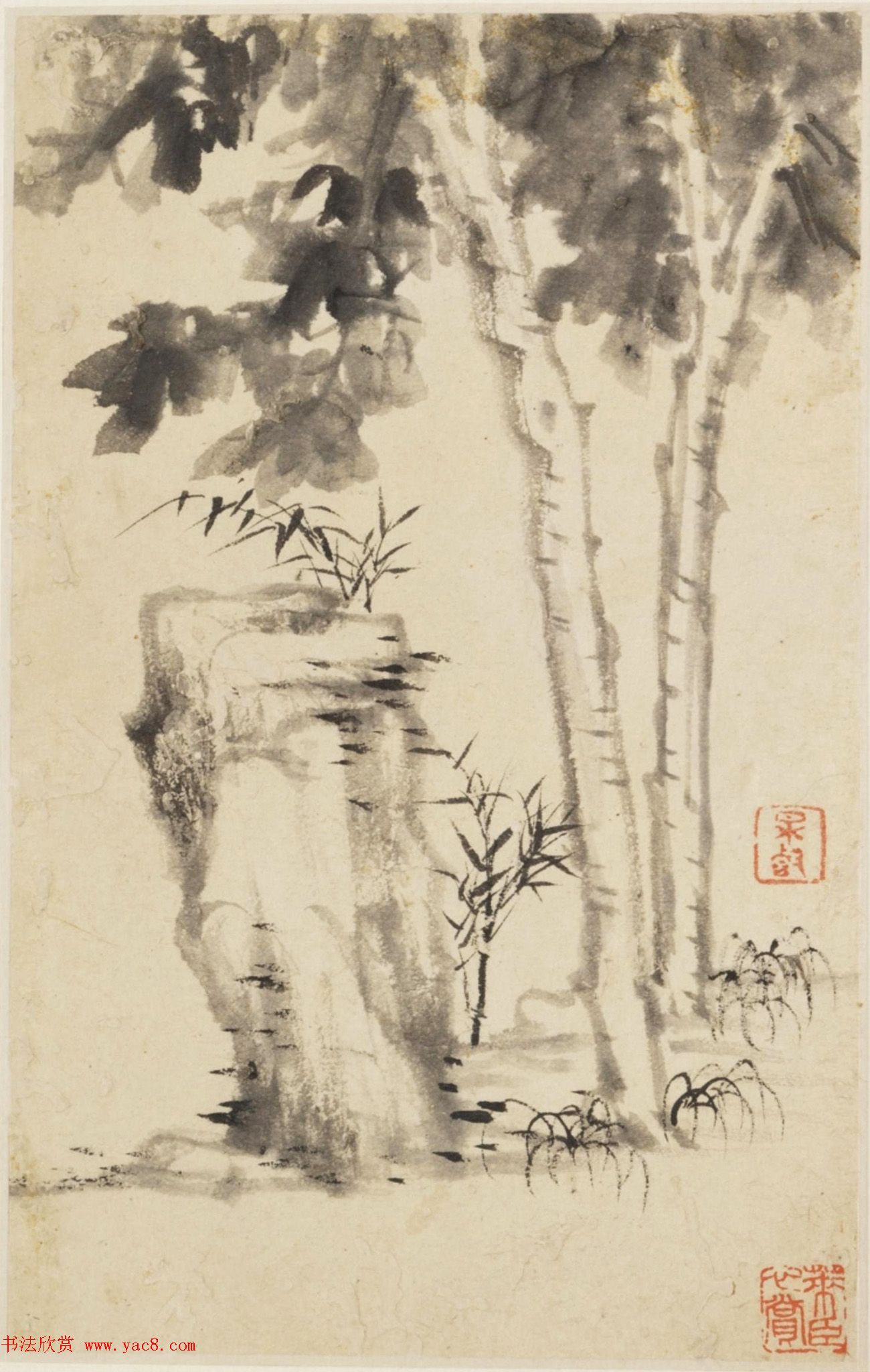 查士标字画欣赏《枯木竹石册》