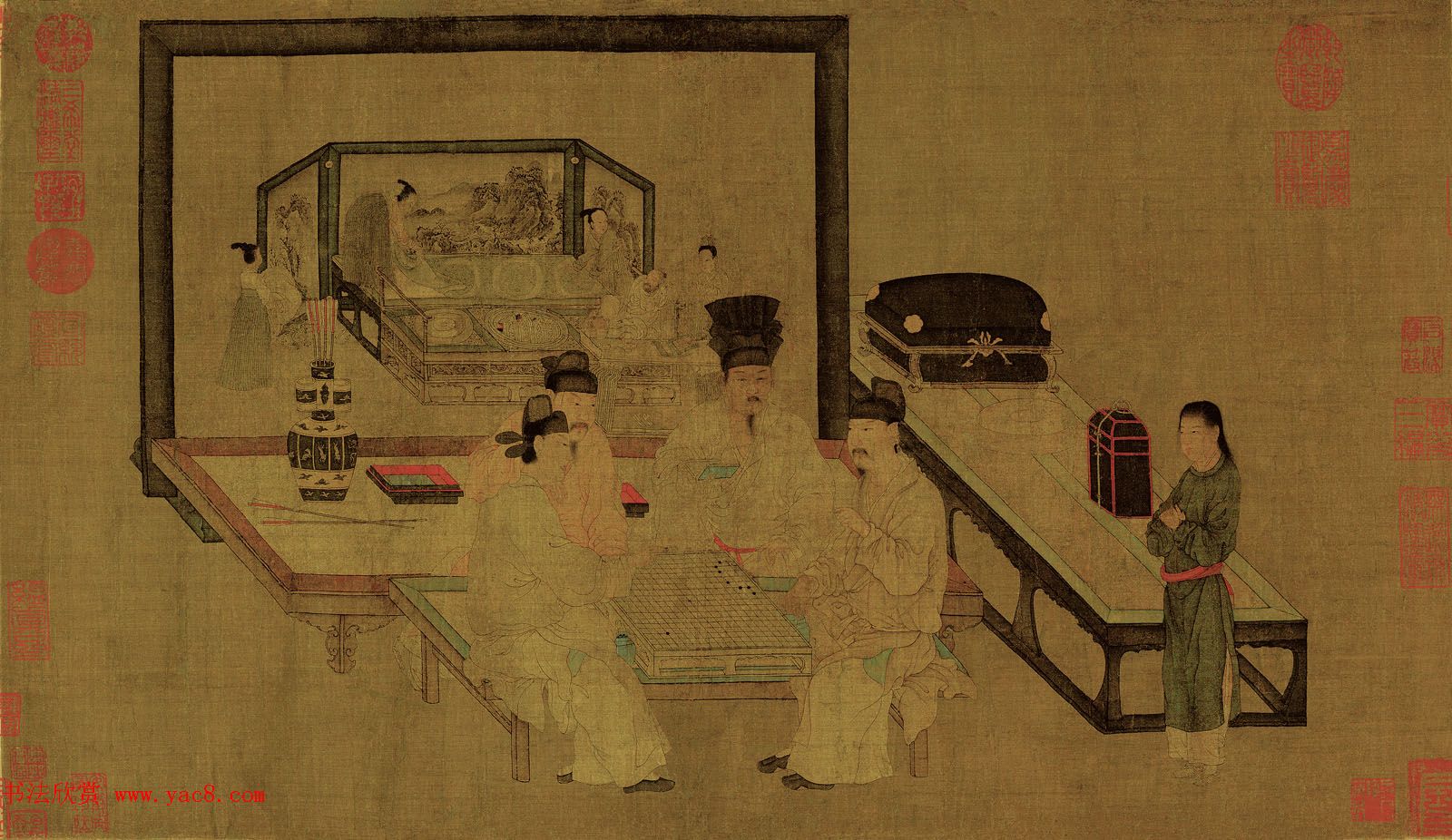 五代南唐画家周文矩《重屏会棋图》两种