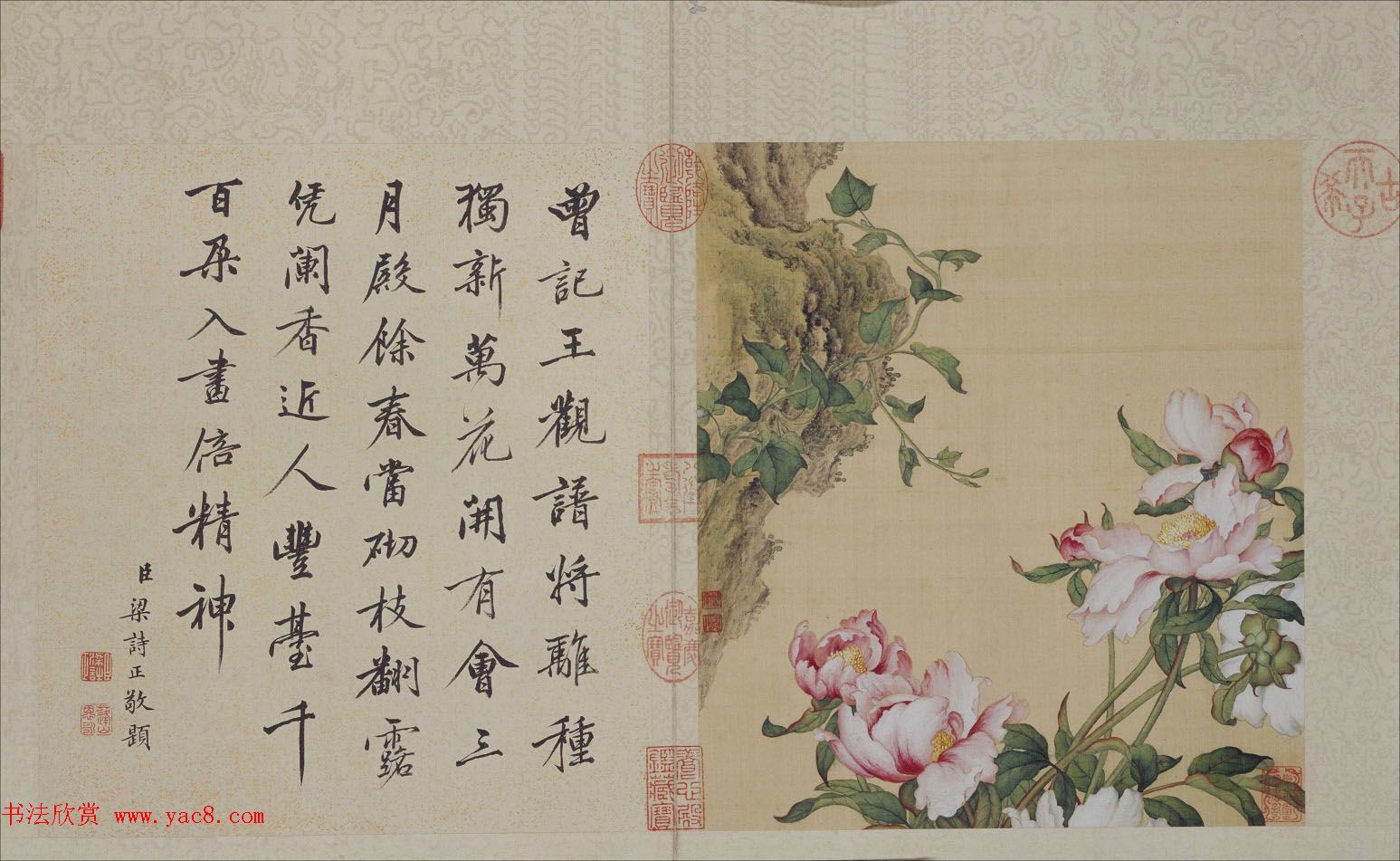 郎世宁工笔画欣赏《花鸟图册》梁诗正书法题诗