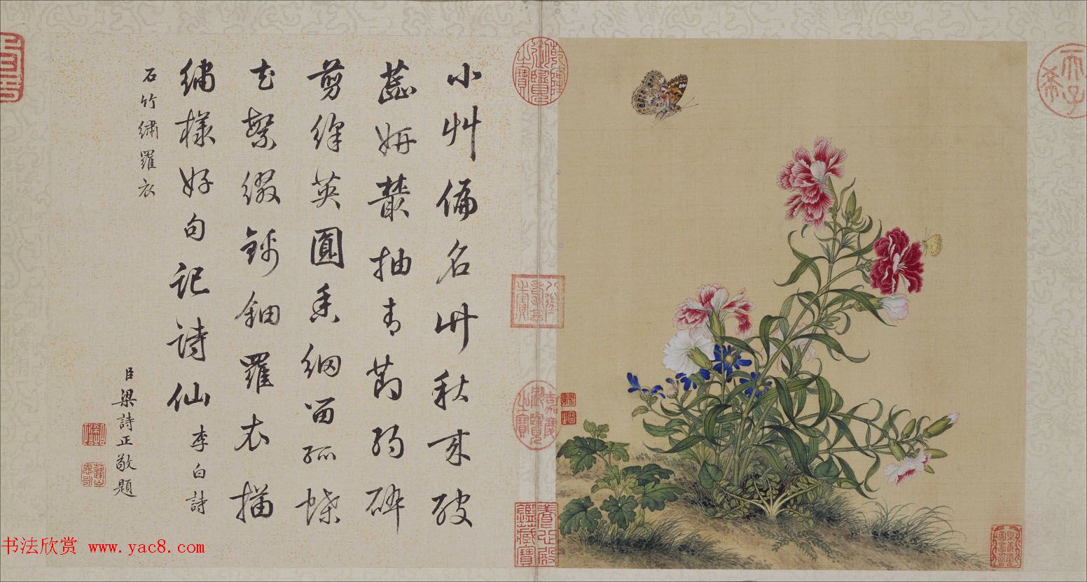 郎世宁工笔画欣赏《花鸟图册》梁诗正书法题诗