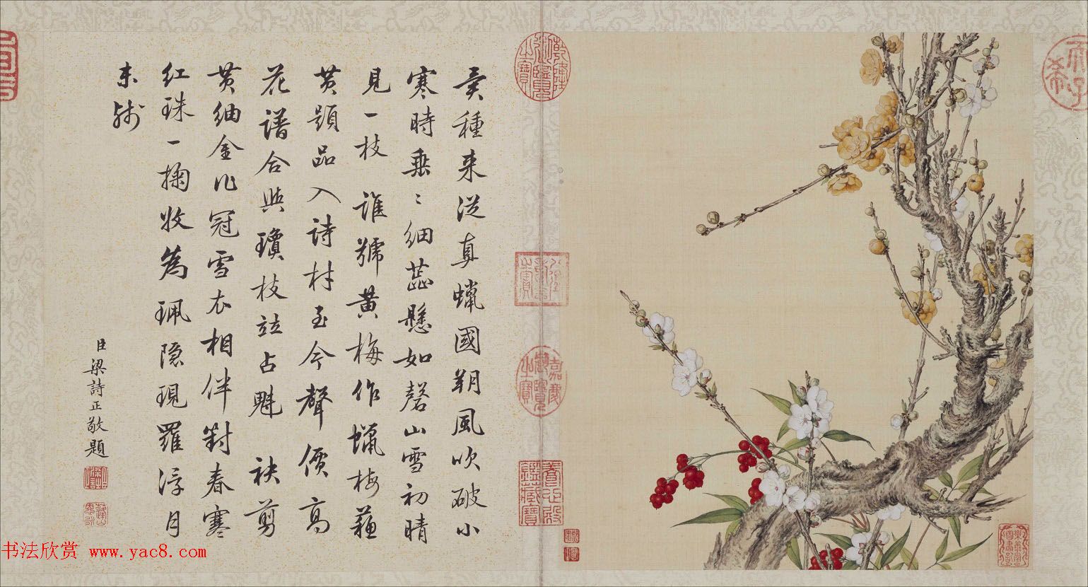 郎世宁工笔画欣赏《花鸟图册》梁诗正书法题诗