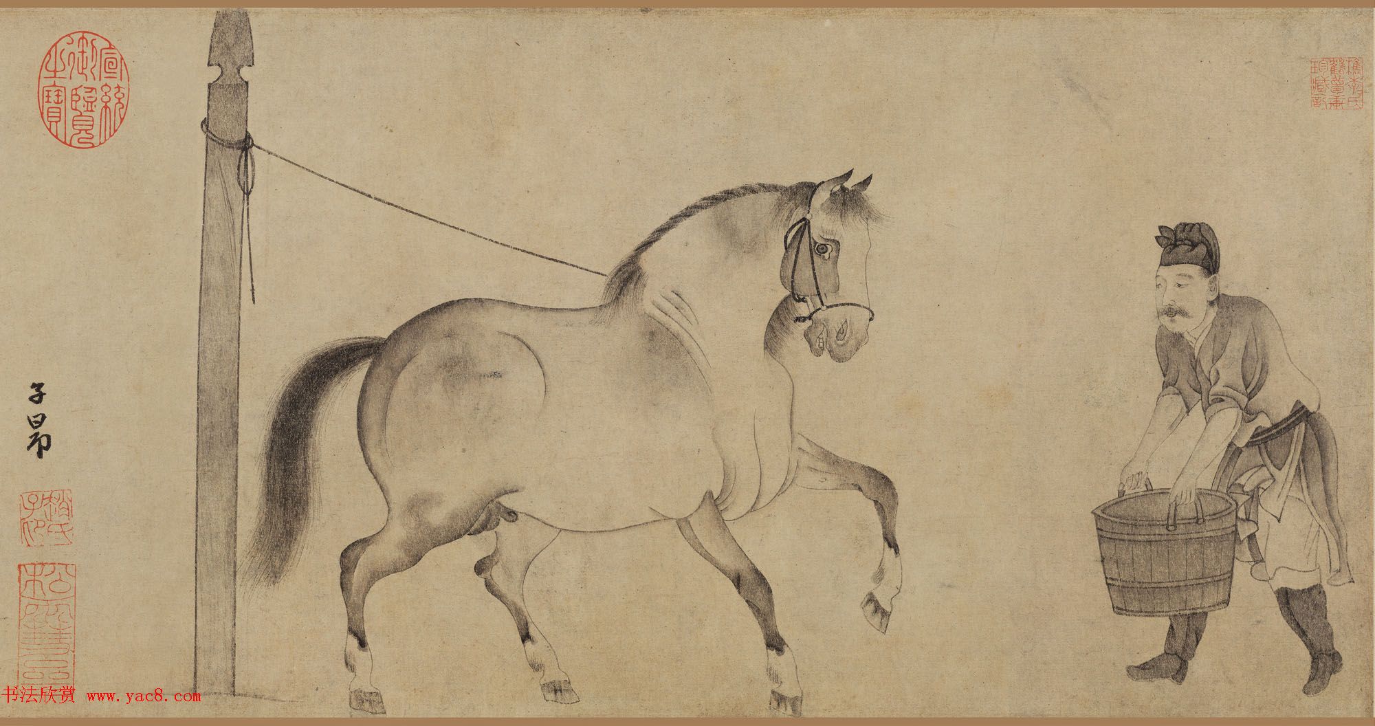 元代赵孟頫绘画作品赏析《饮马图》