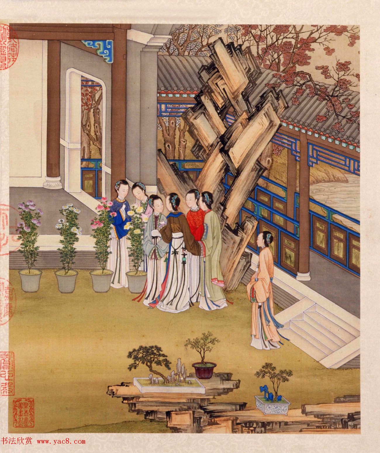 书画册页欣赏《月曼清游图册》梁诗正字+陈枚画