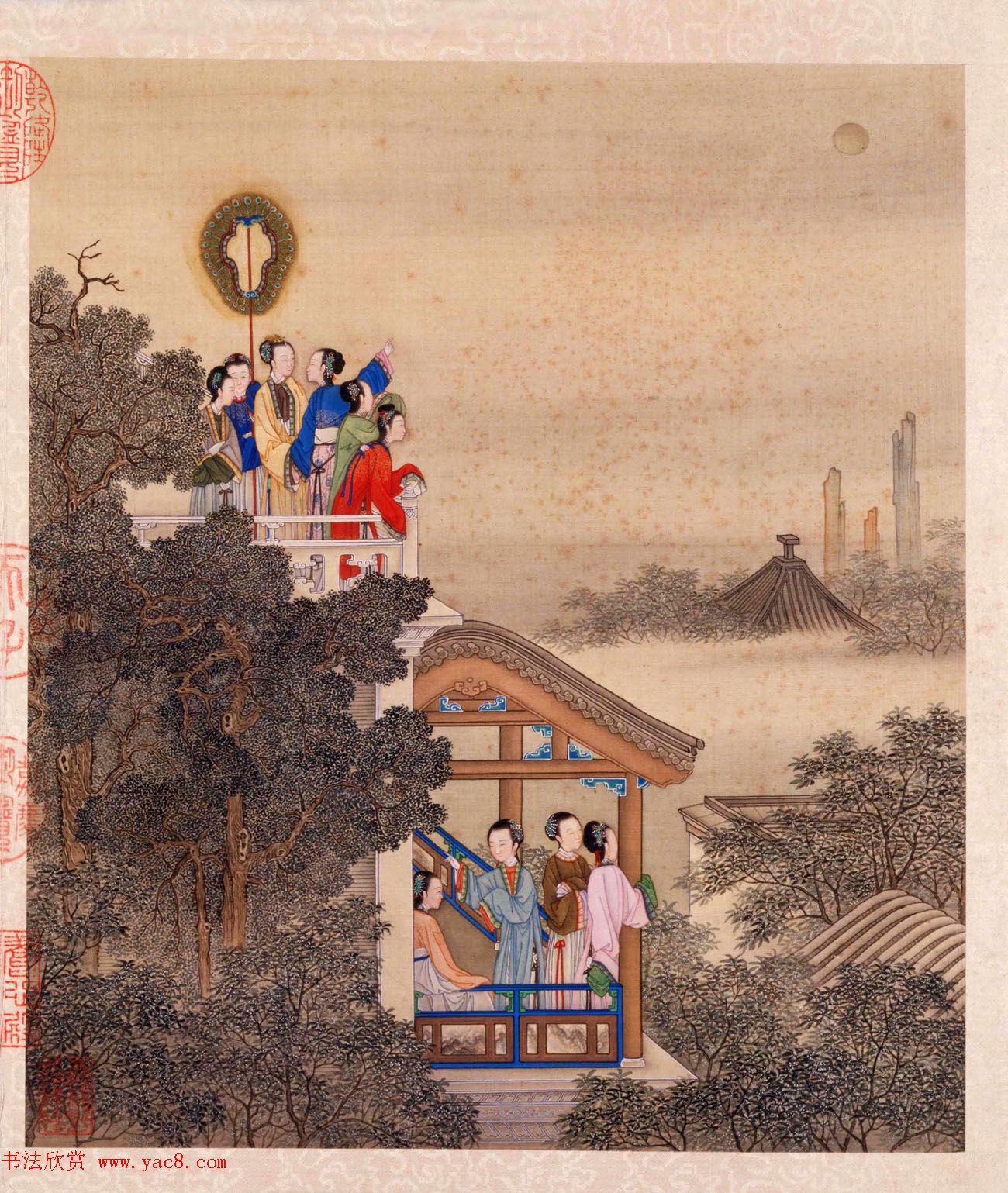 书画册页欣赏《月曼清游图册》梁诗正字+陈枚画