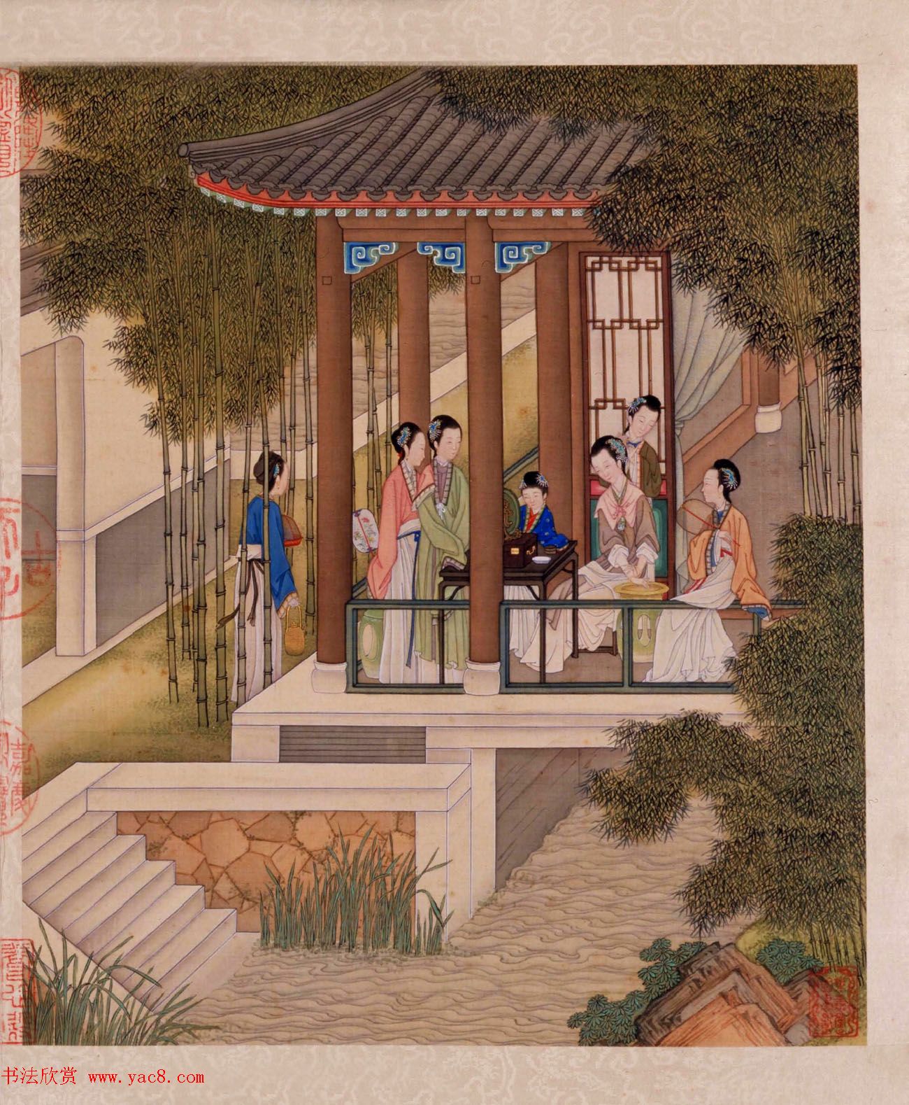 书画册页欣赏《月曼清游图册》梁诗正字+陈枚画