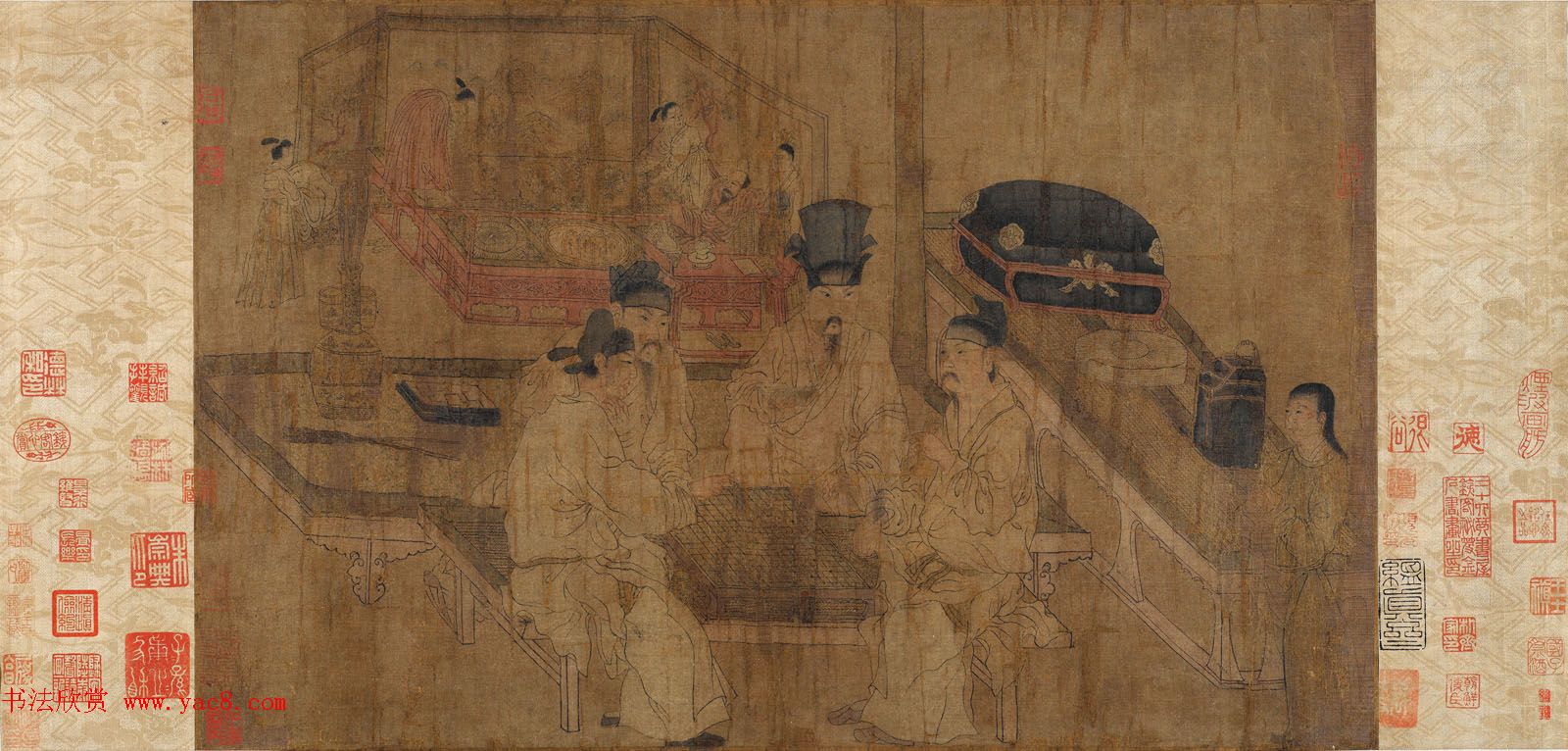 五代南唐画家周文矩《重屏会棋图》两种