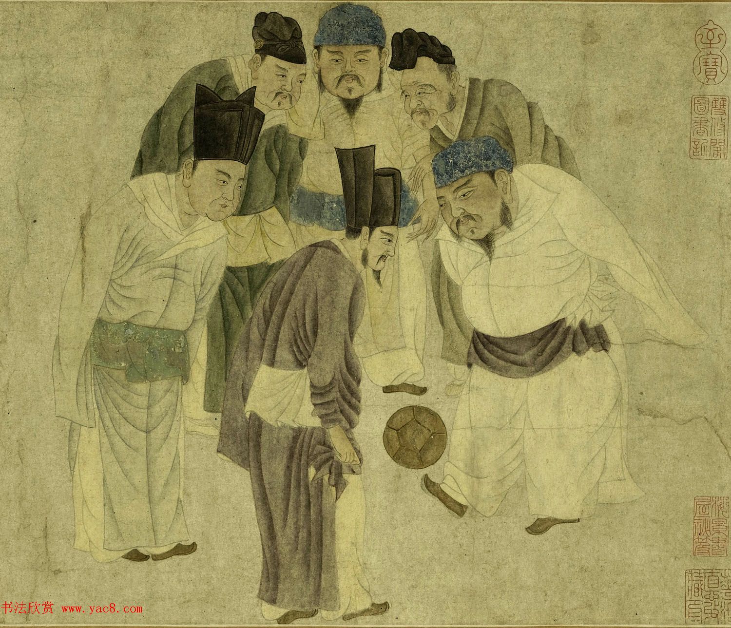 元初钱选书画欣赏《钱舜举蹴鞠图真迹》