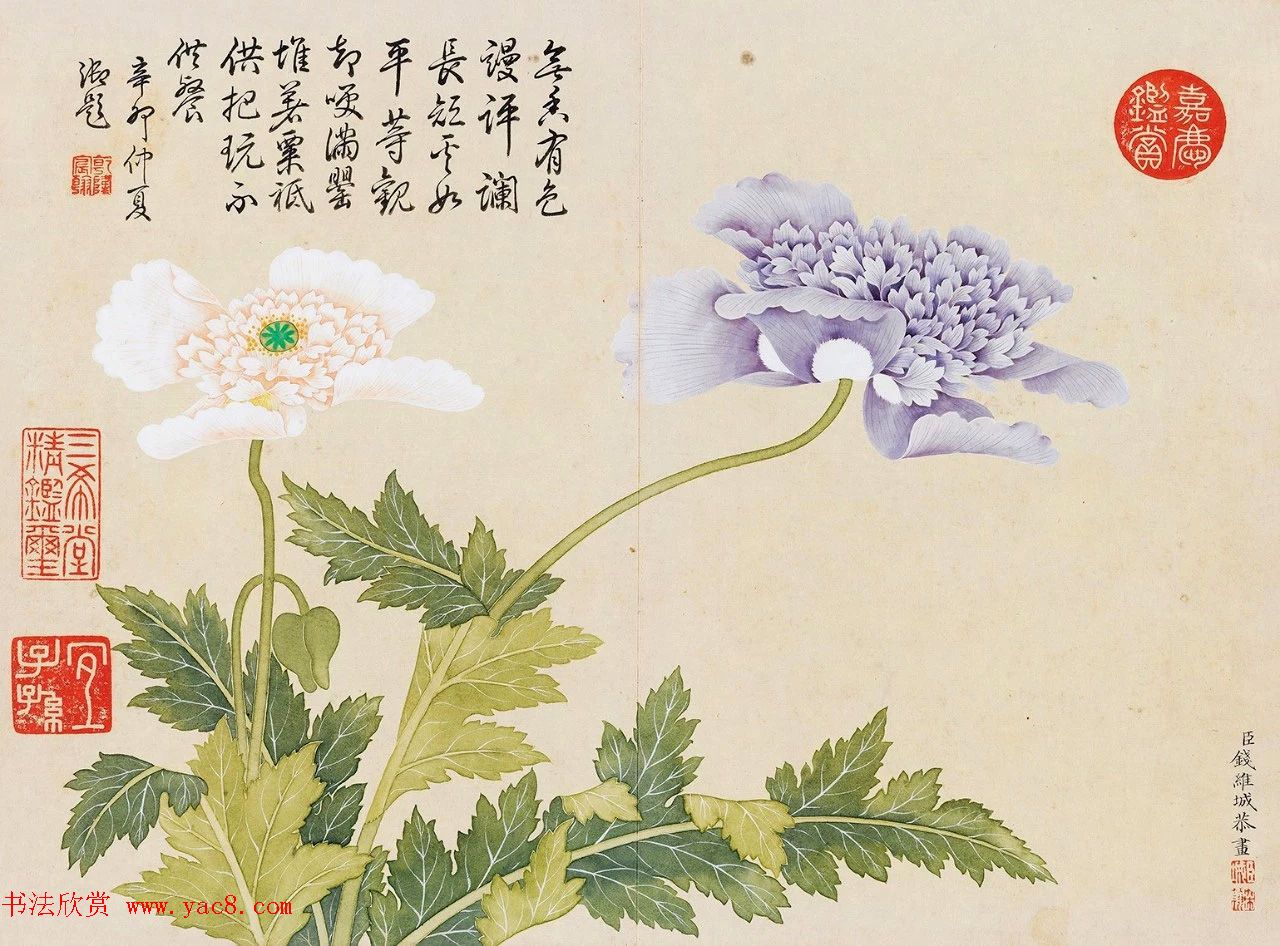 乾隆书法御题钱维城花卉册页