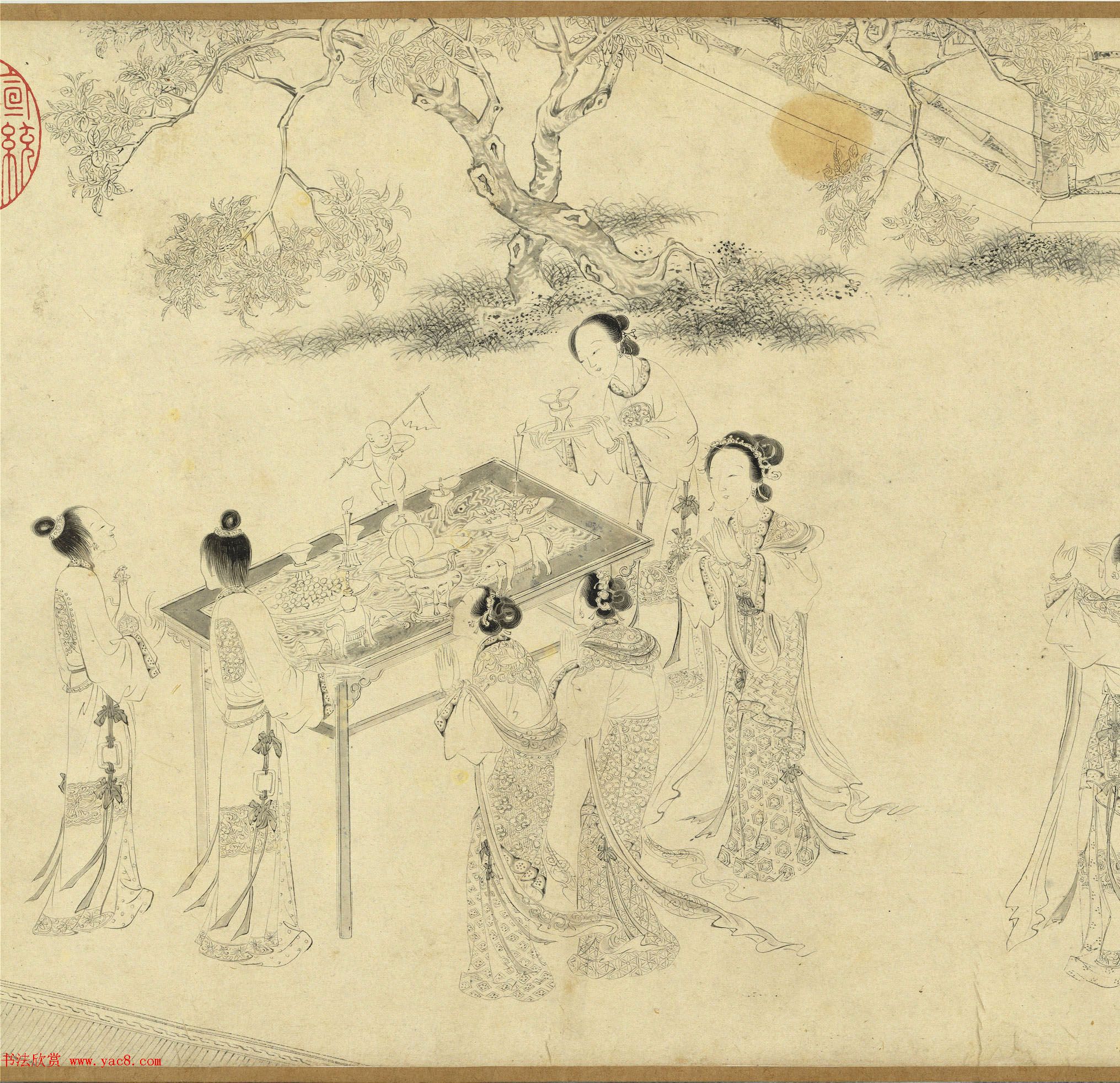 传明仇英乞巧图：宫中女子过七夕