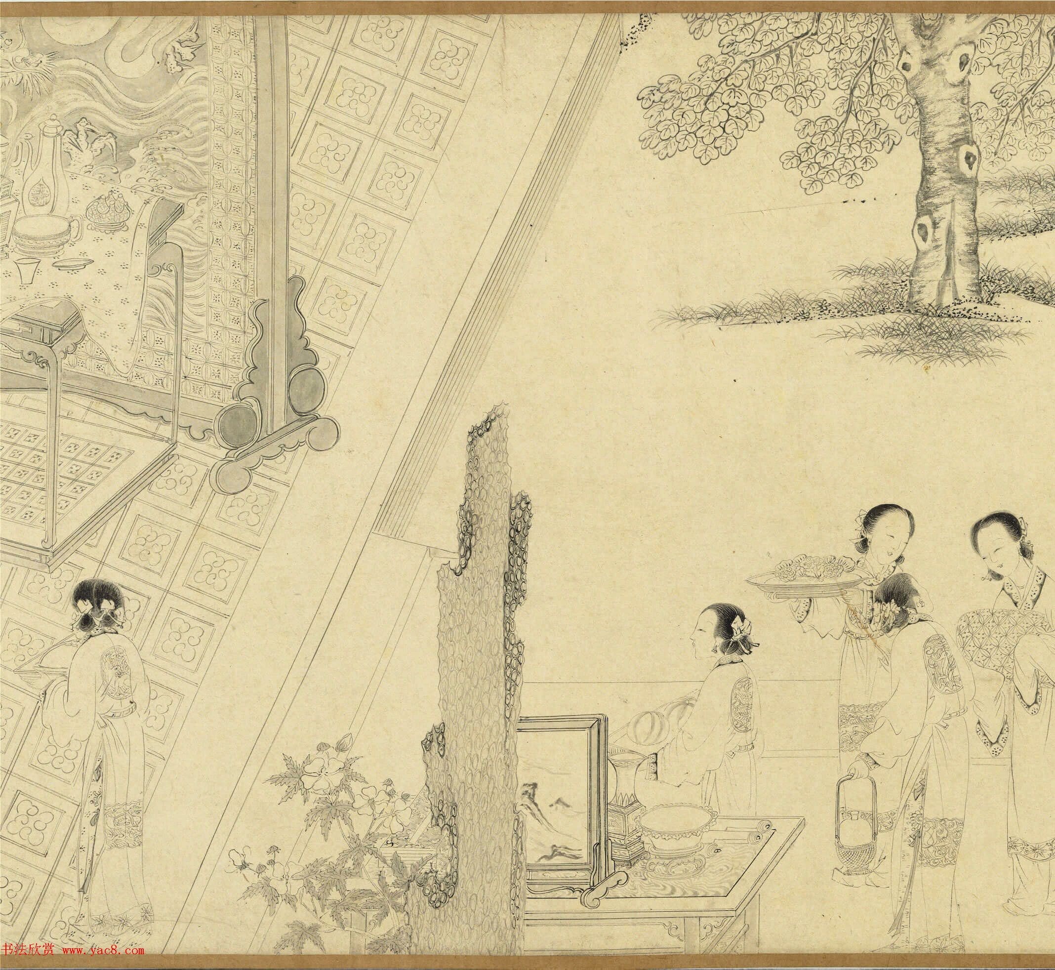 传明仇英乞巧图：宫中女子过七夕