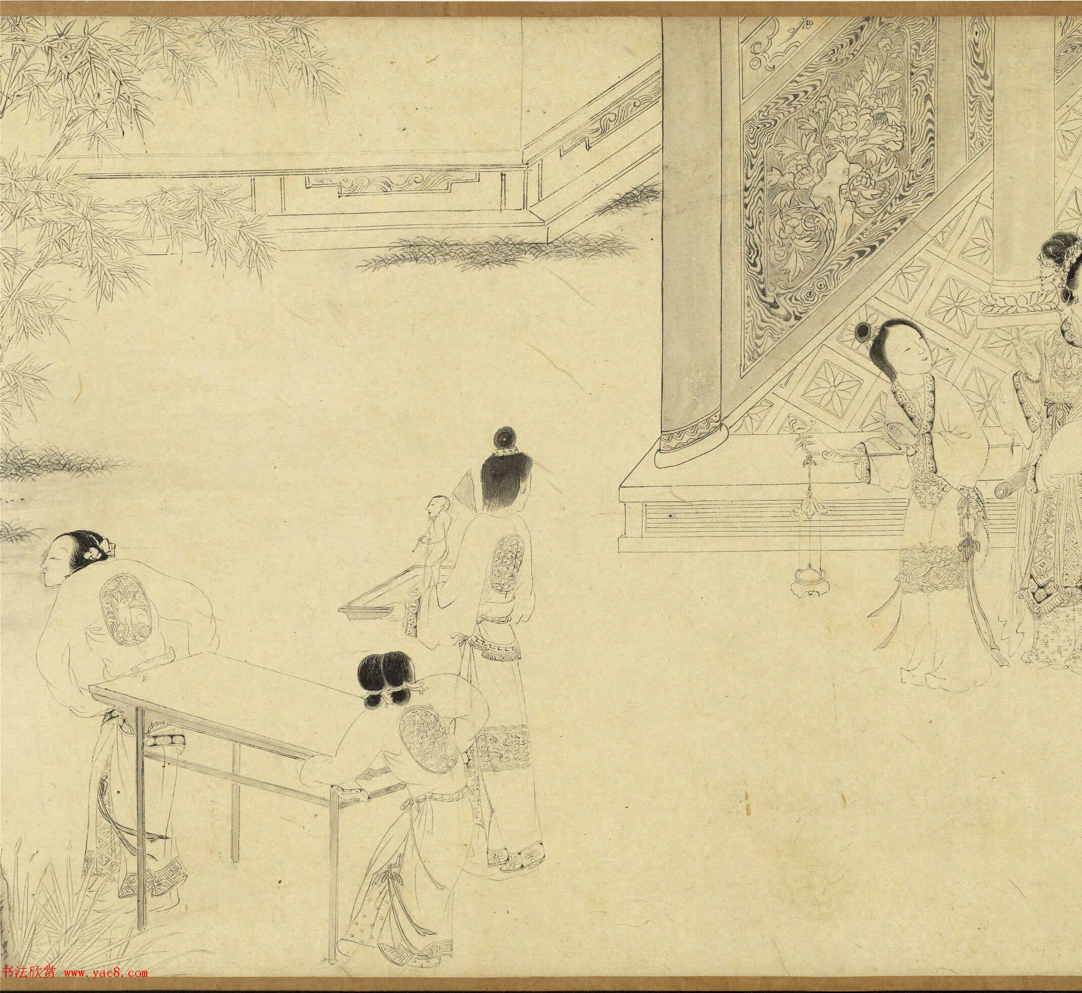 传明仇英乞巧图：宫中女子过七夕