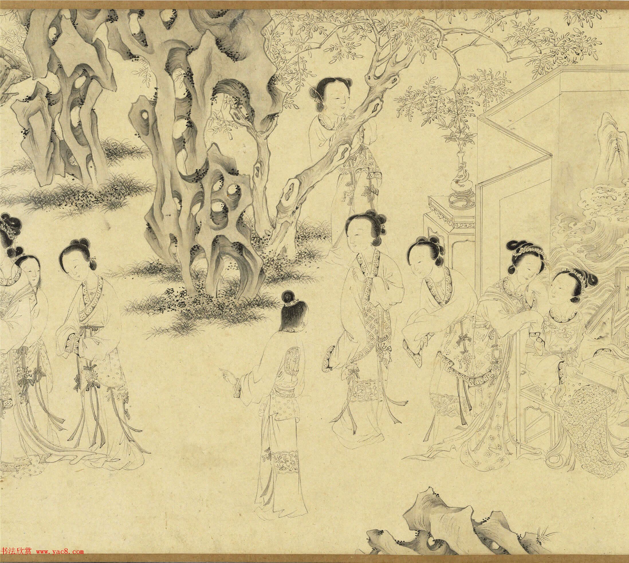 传明仇英乞巧图：宫中女子过七夕