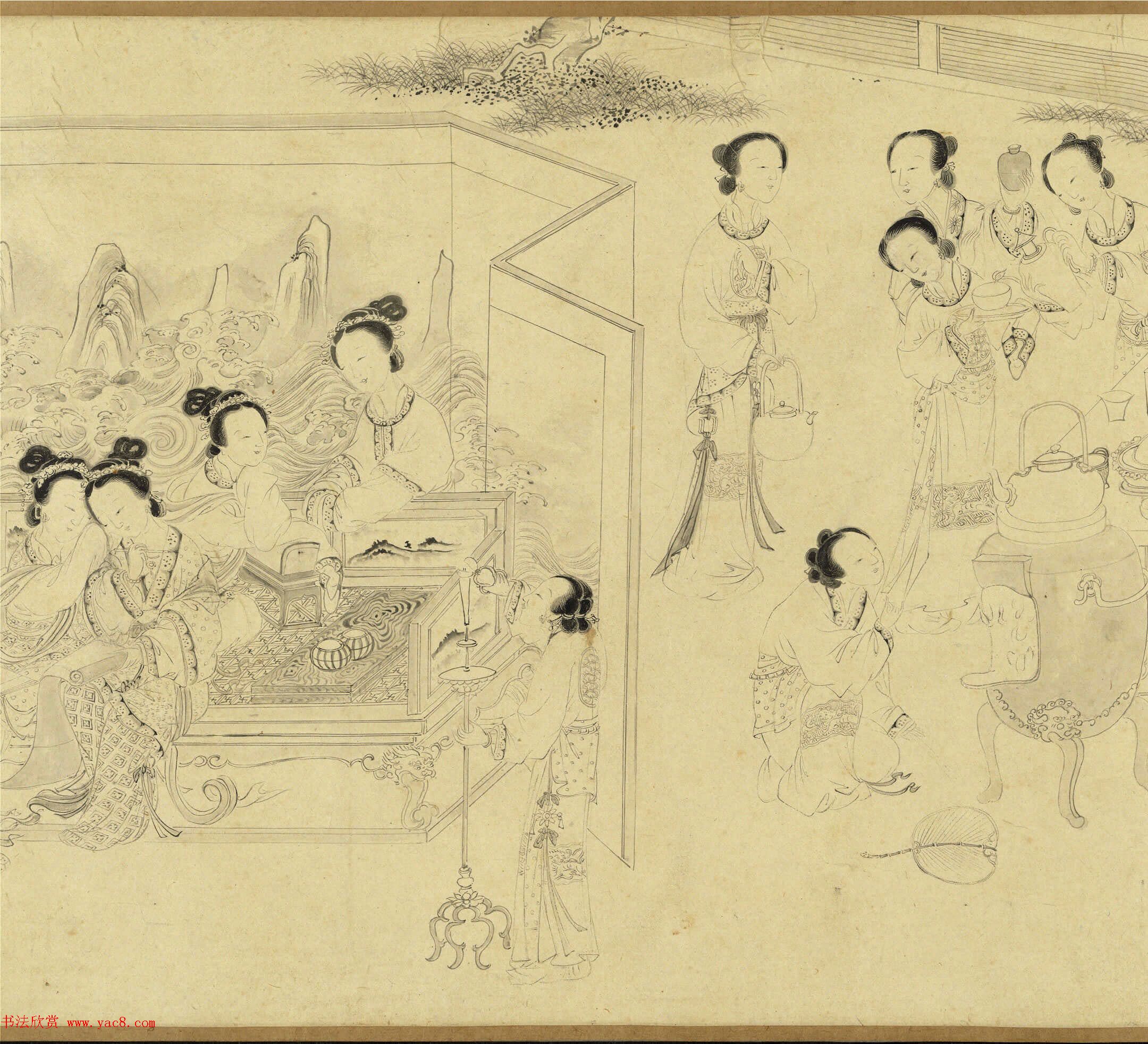 传明仇英乞巧图：宫中女子过七夕