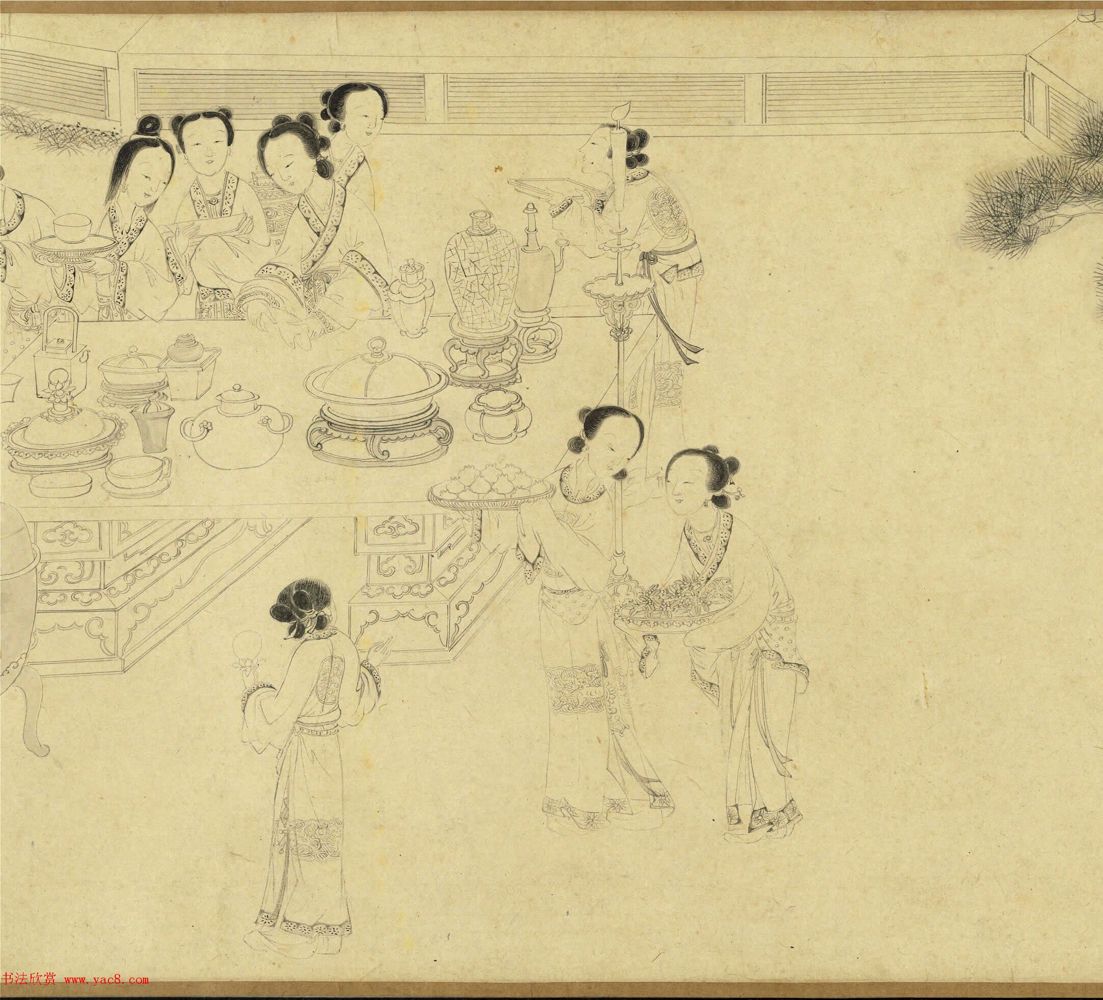 传明仇英乞巧图：宫中女子过七夕