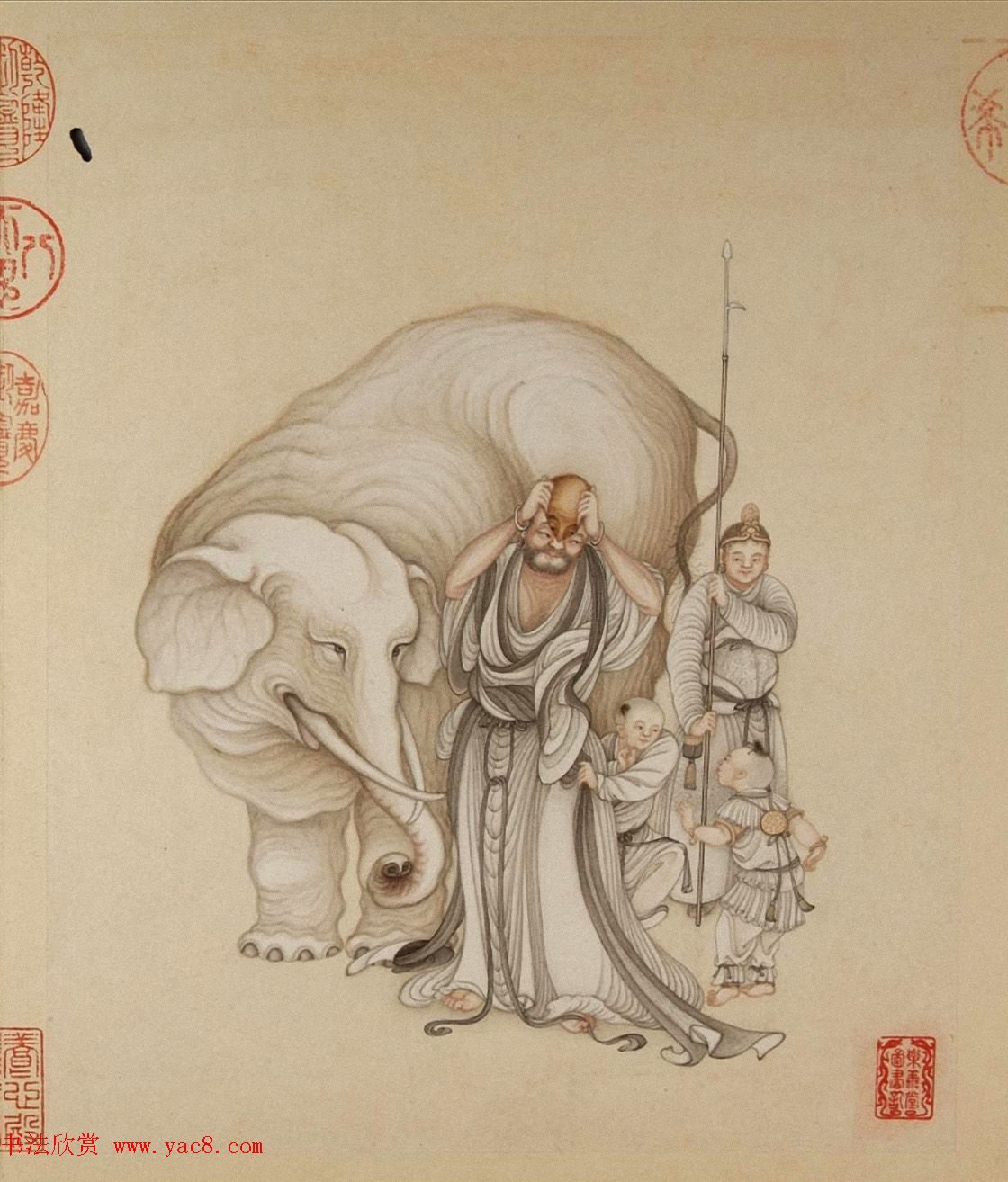 清代字画欣赏《罗汉册》（张照书法+冷枚绘画）