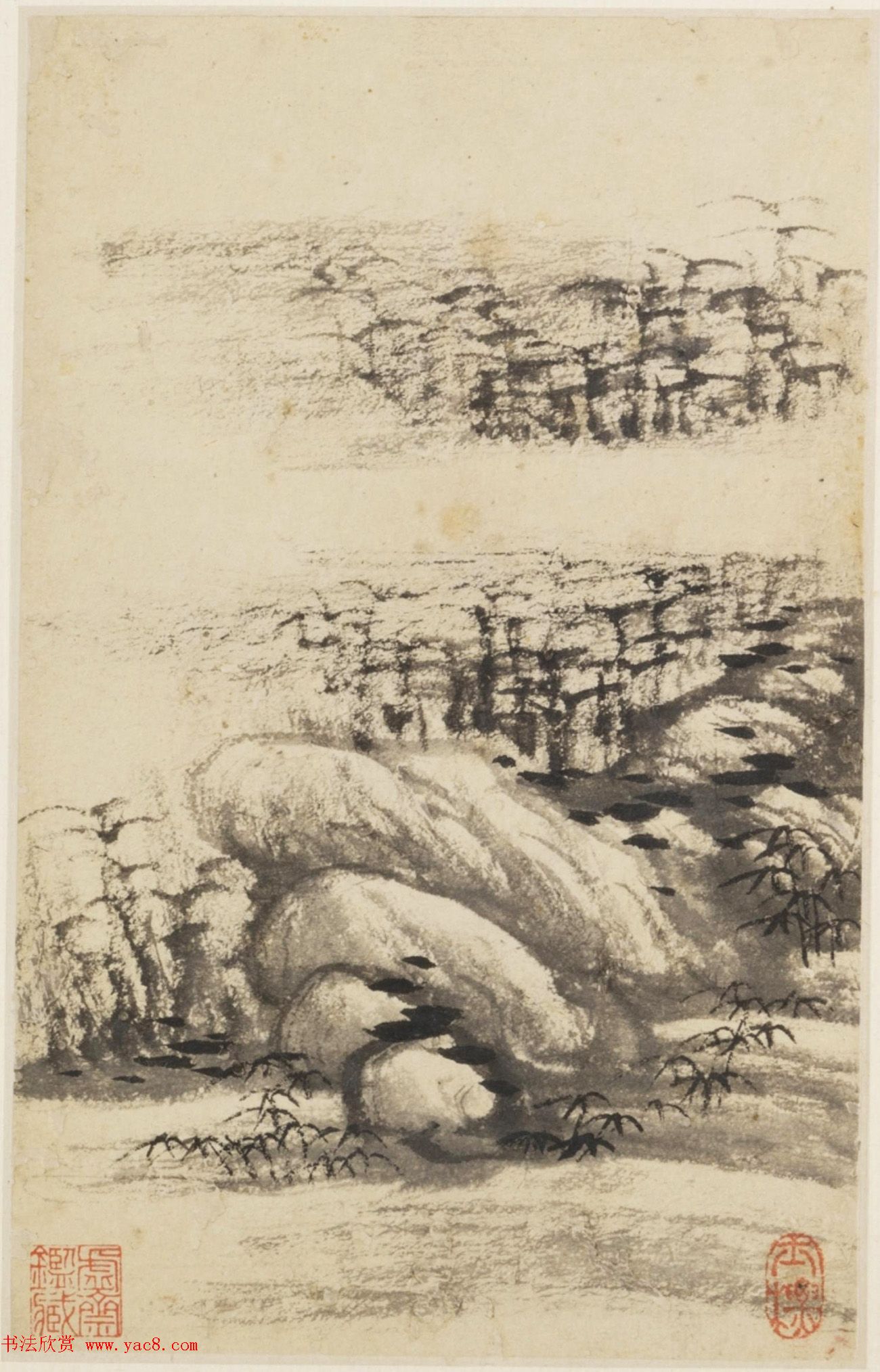 查士标字画欣赏《枯木竹石册》