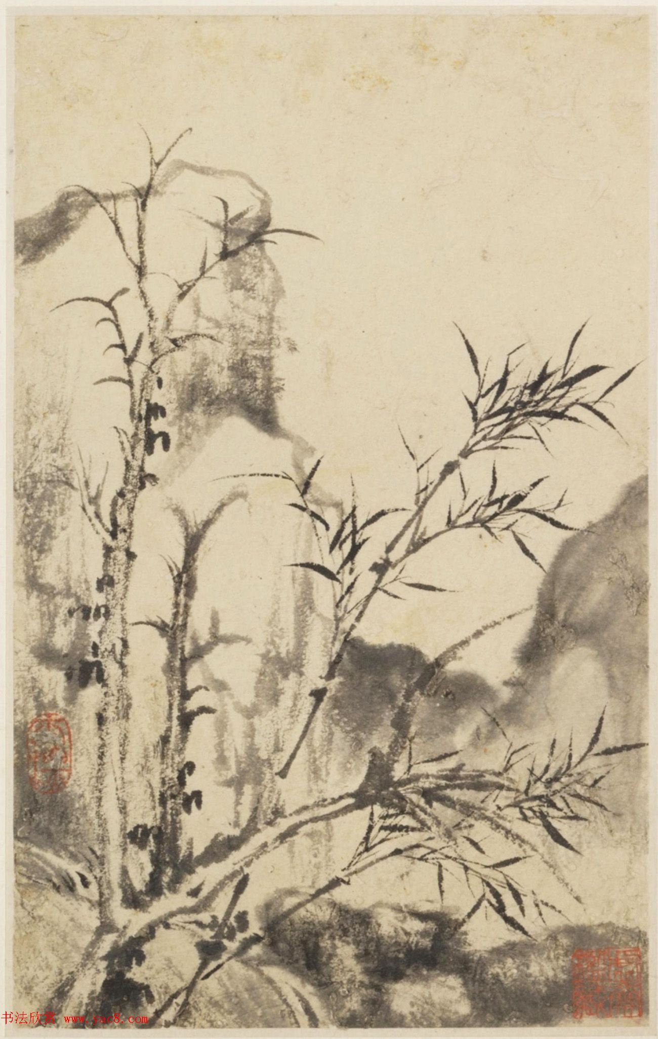 查士标字画欣赏《枯木竹石册》