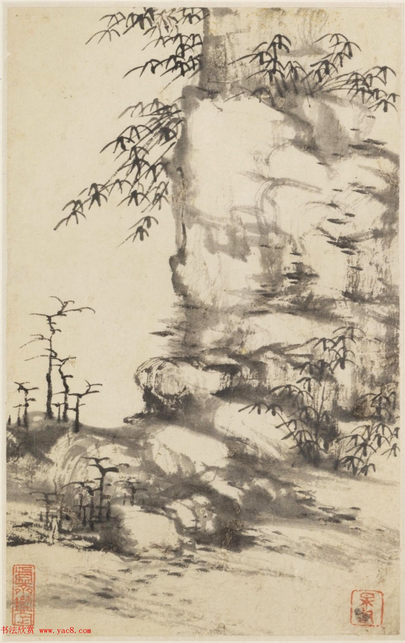 查士标字画欣赏《枯木竹石册》