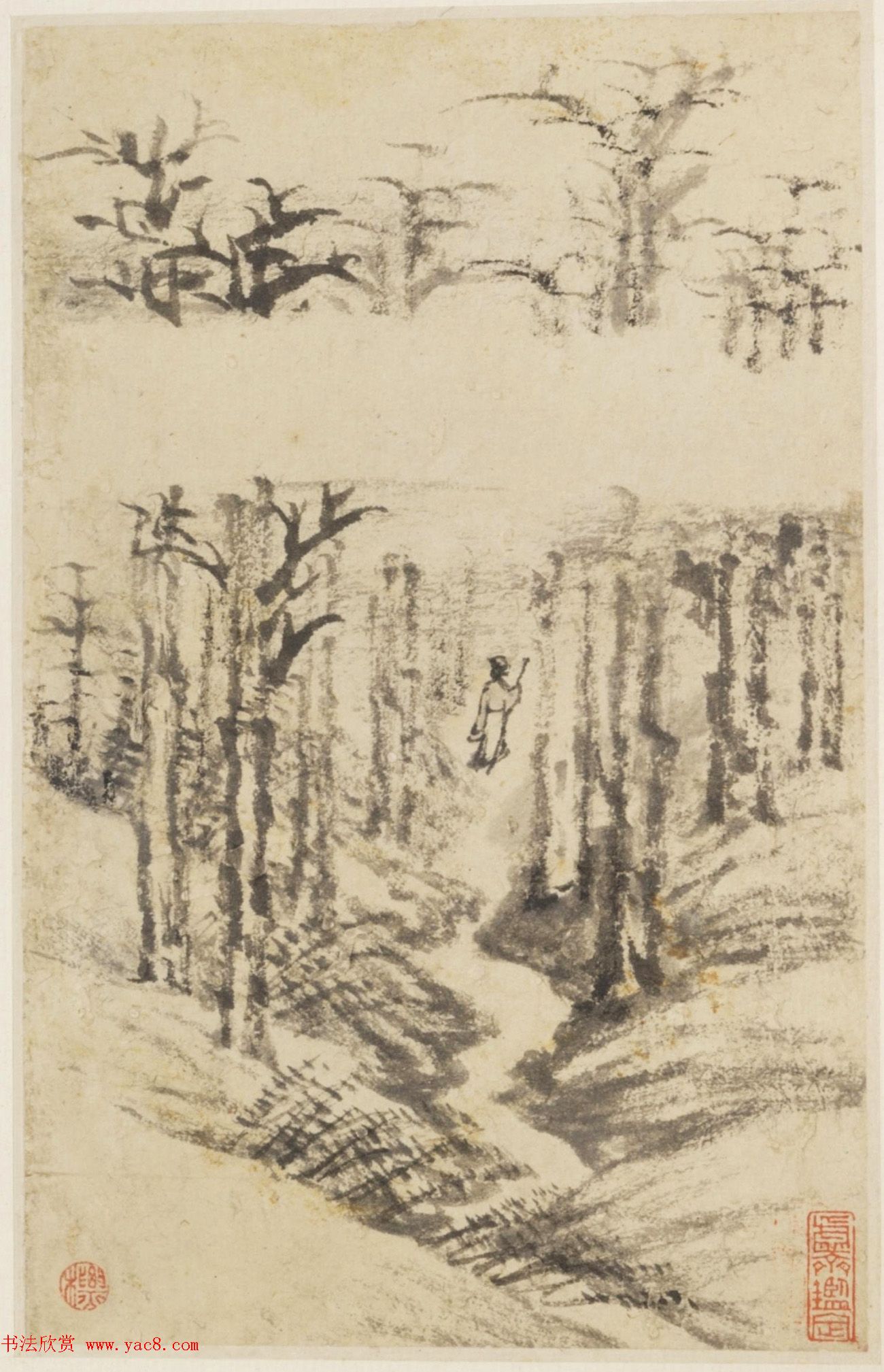 查士标字画欣赏《枯木竹石册》