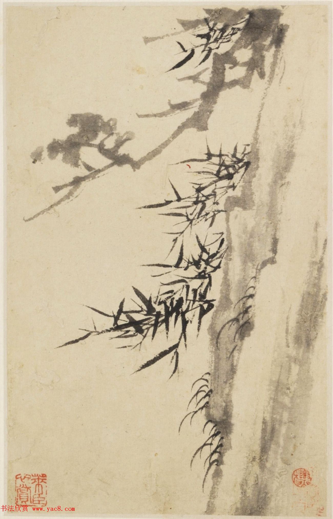 查士标字画欣赏《枯木竹石册》