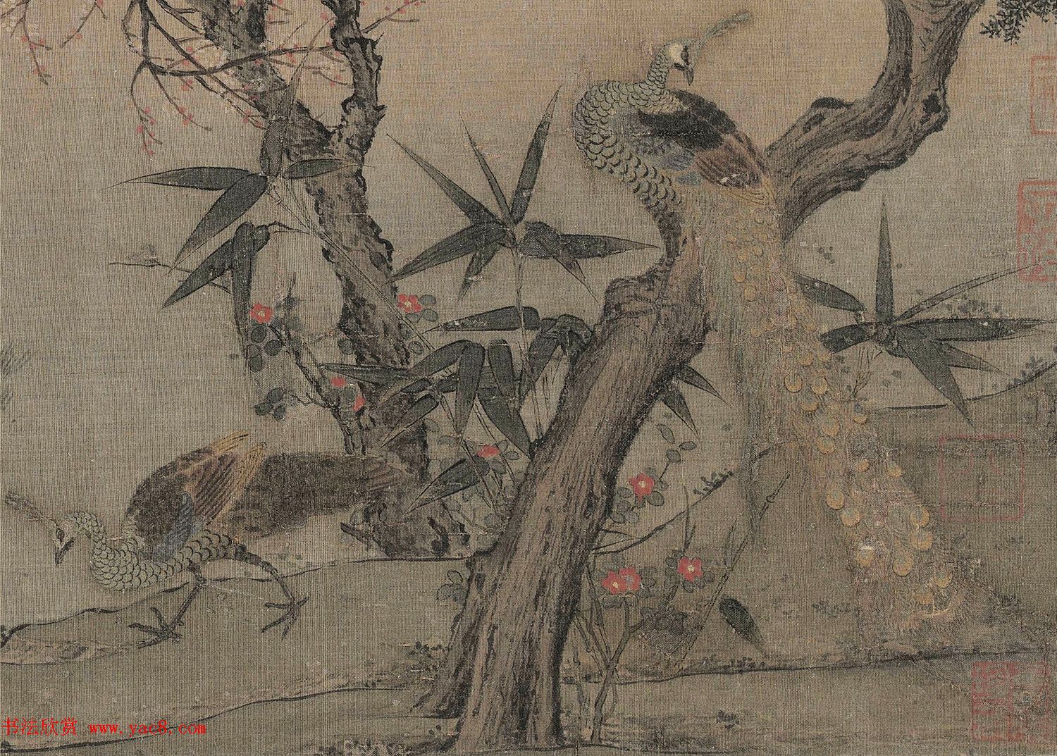 清初耿昭忠书法题红梅孔雀图