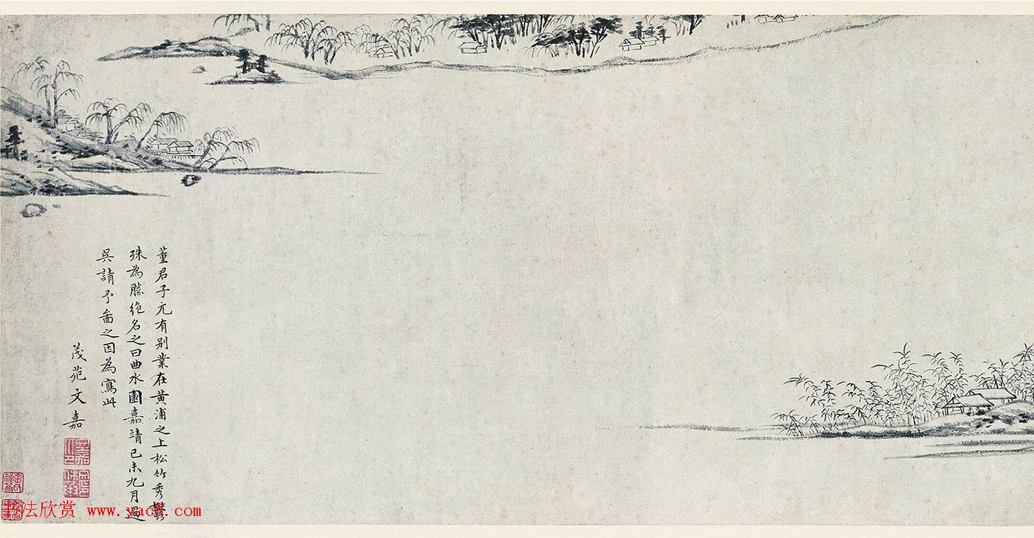 明代文彭等8人书法题跋《文嘉曲水园图卷》